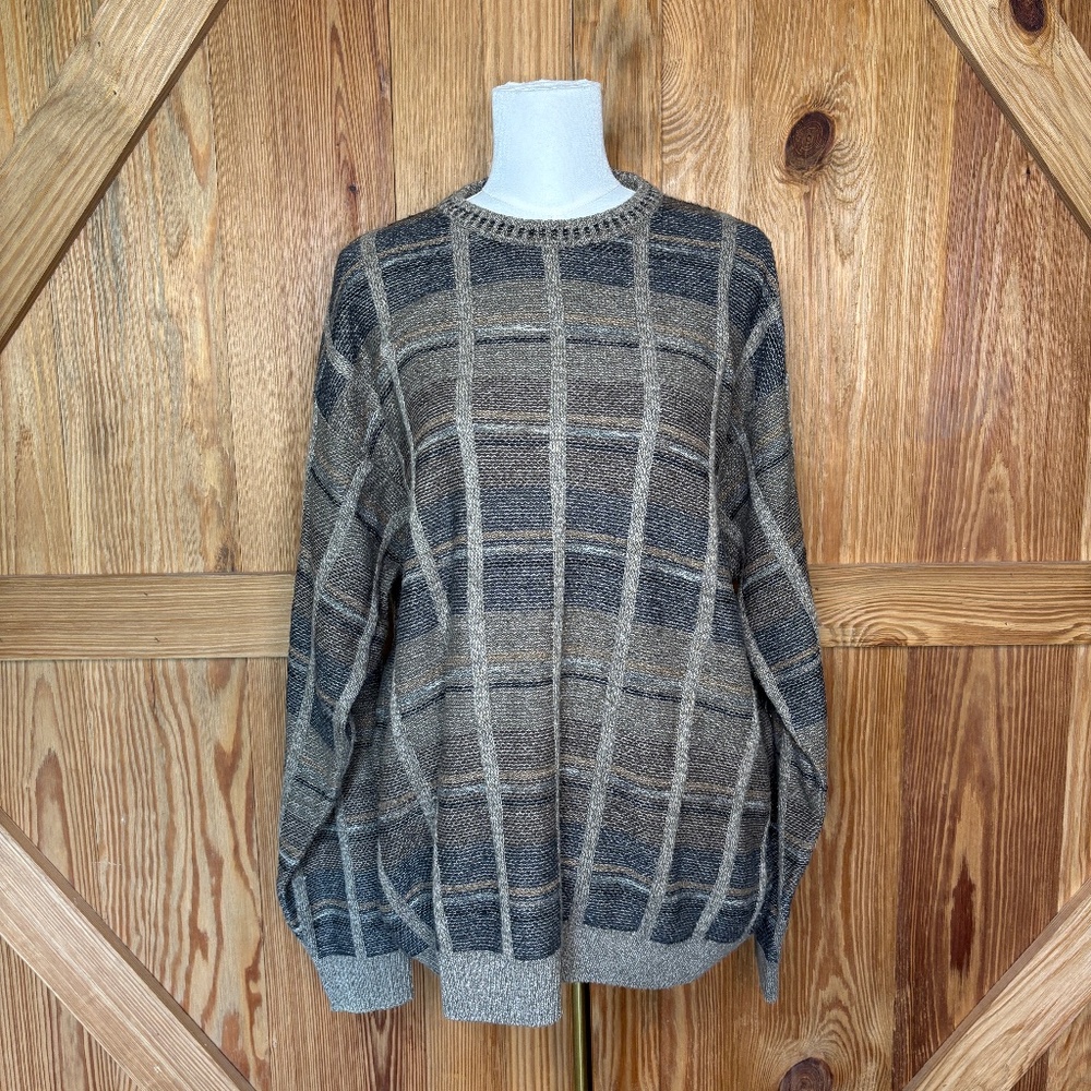 Vintage Plaid Grandpa Sweater: 90s Oversized Knit Pullover XL Dark Academia Grun